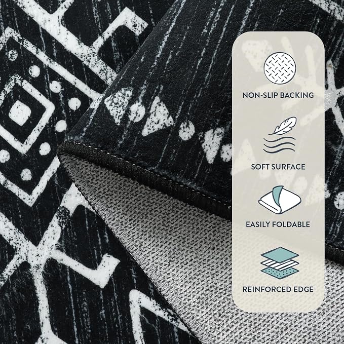 Lahome Washable Living Room Rugs 8x10, Western Black and White Bedroom Rug | Low Pile Boho Distressed Aztec Floor Carpet for Dining Room, Soft Stain Resistant Large Moroccan Carpets