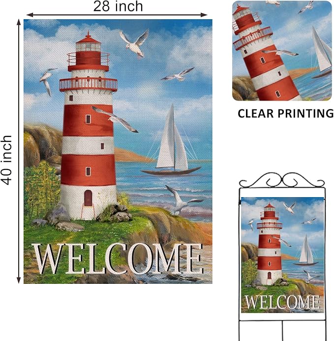 Home Decorative Welcome Summer Lighthouse House Flag, Spring Coastal Seagull Birds Garden Yard Beach Nautical Sailboat Outside Decoration, Ocean Outdoor Large Burlap Decor Double Sided 28 x 40