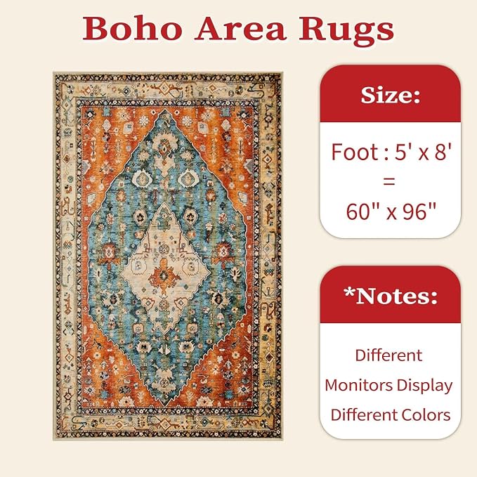 SERISSA 5x8 Washable Non Slip Boho Area Rug for Living Room | Ultra Soft Vintage Oriental Carpet Low-Pile Distressed Tribal Floor Carpet for Bedroom Dining Room Dorm Office Home Decor