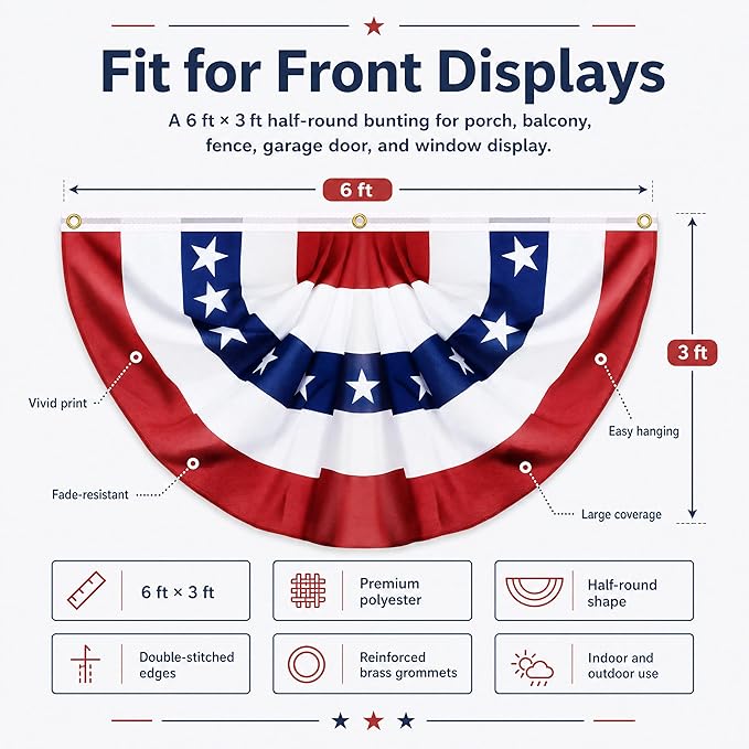 3 Pack USA Pleated Fan Flags - 6x3 FT Large American Flag Bunting for Outside, Red White Blue Bunting Banner with Brass Grommets, Patriotic Porch Decor for Independence Day, July 4th, Memorial Day