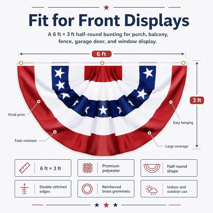 4 Pack Large USA Patriotic Pleated Fan Flag Set - 3x6 Ft American Bunting Flags with Sewn Stripes, Brass Grommets - Memorial Day Independence Day 4th of July Outdoor Decorations