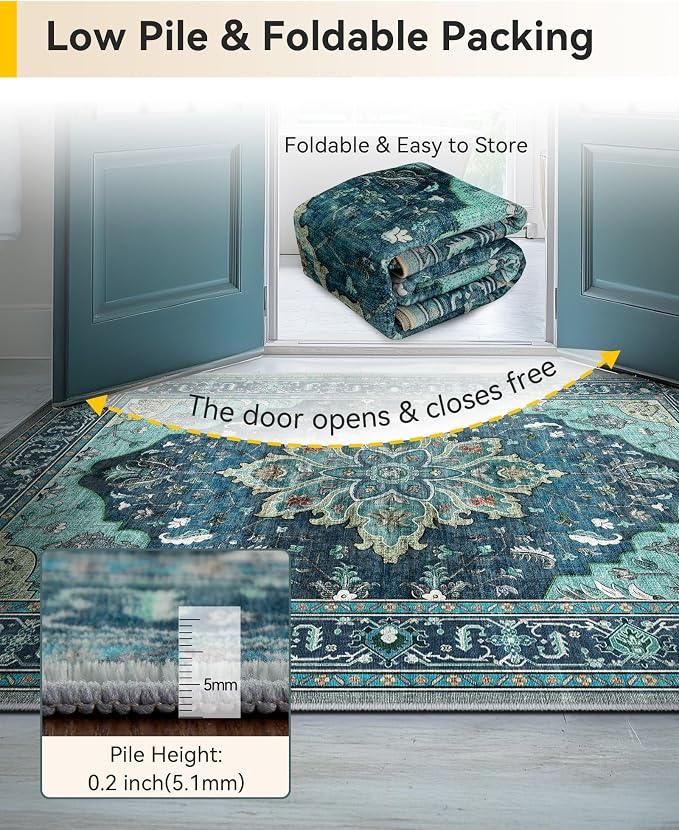 RELEANY Washable Area Rug, 4'x5', Teal | Non-Slip, Water Repellent, Pet Friendly, Easy to Clean, Vintage Floral Boho Decor for Living Room Bedroom Kitchen Office