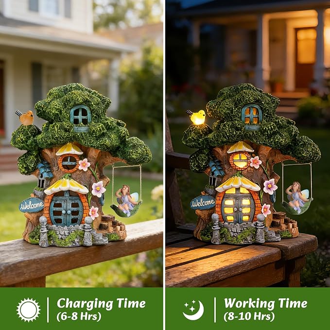 Fairy House Garden Outdoor Decor, Large Garden Gnome House and Fairy Figurines with Solar Lights Waterproof Resin Ornaments Decorations for Patio Yard Lawn