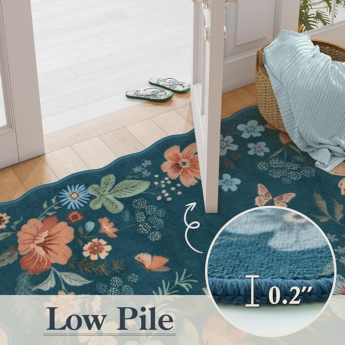 Lahome Floral Rugs for Entryway, 2x4 Washable Kitchen Rugs Blue Scalloped | Non Slip Indoor Door Mat Stain Resistant Boho Small Throw Carpet for Bathroom Bedroom Flore (2x4ft, Navy/Blue)