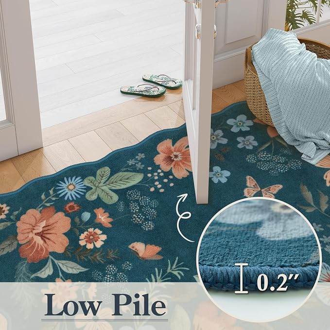 Lahome Floral Washable Rugs for Bedroom, 4X6 Area Rug Soft Living Room Rug | Ultra-Thin Non-Slip Classroom Rug Stain Resistant Boho Rug Low-Pile for Nursery Office Flore (4x6ft, Navy/Blue)