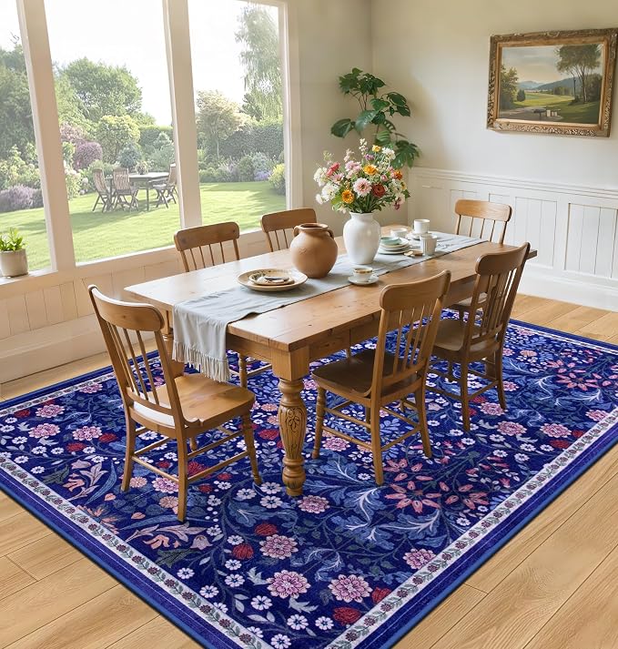 PLHXFR Area Rug 10x12 Living Room: Floral Washable Boho Soft Carpet Blue | For Bedroom Dining Room Farmhouse Nursery Hallway,Vintage Floral,Machine washable,Non Slip,Stain Resistant,Large Indoor