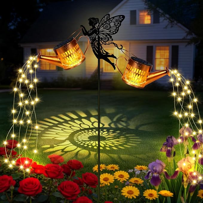 2 Pack Solar Watering Can Lights, Metal Solar Lights Outdoor Decorative with Fairy Silhouette Stake, Waterproof Hanging Lantern Garden Decor Light for Outside, Patio, Yard, Birthday Gifts for Women
