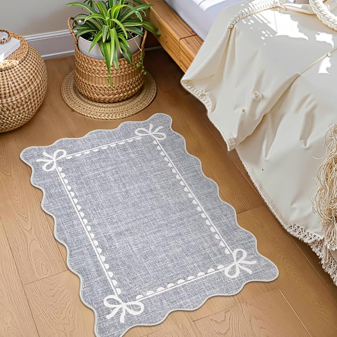 GarveeHome Scalloped Entryway Rug 2x3 Washable Front Door Bow Rug, Grey | Non Slip Soft Low Pile Ultra-Thin Stain Resistant Indoor Carpet for Girls Dorm Nursery Bedroom Decor Hallway Kitchen Floor