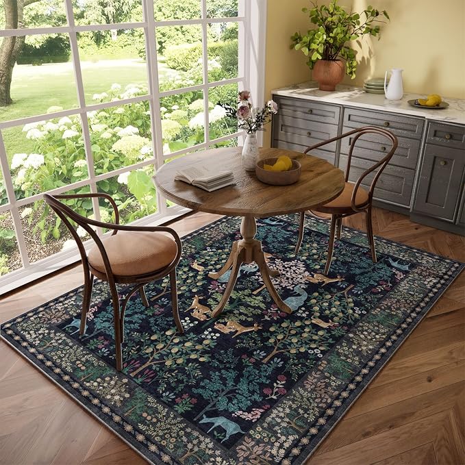 Washable Area Rugs for Living Room: 5x7 Bedroom Rug Vintage Area Rug Stain Resistant Non Slip Low Pile Lightweight Soft Indoor Carpets for Living Room Dining Room Kitchen Nursery Kids Room Farmhouse