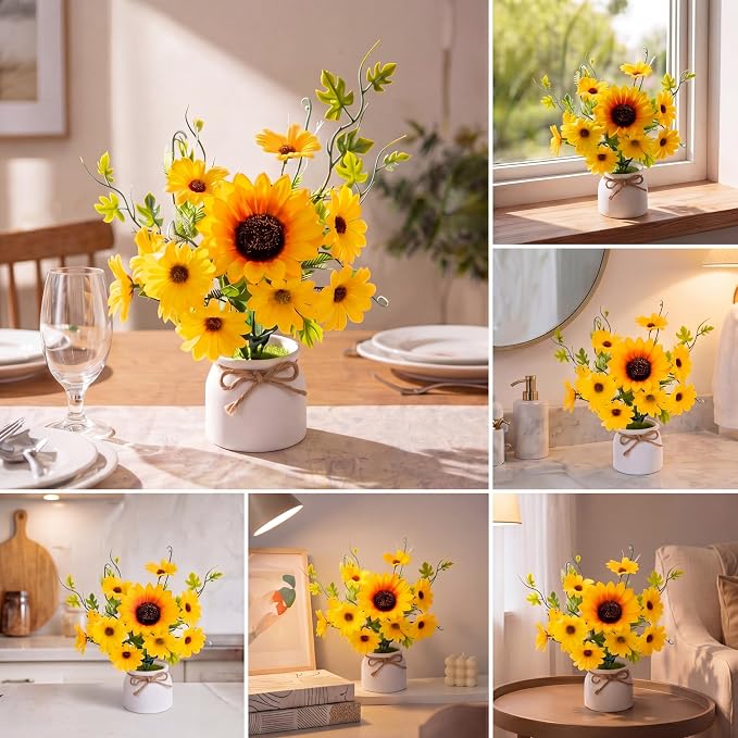 Zeyune 12 Pcs Sunflower Potted Plants Rustic Summer Spring Kitchen Wedding Table Centerpieces Silk Yellow Fake Flower with Plastic Pot for Home Bathroom Office (White,Daisy)