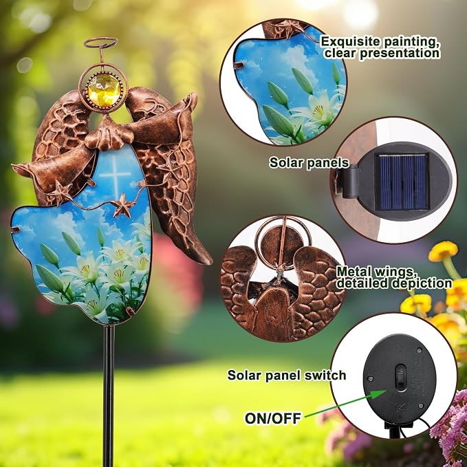 Solar Angel Garden Stake Light 32in, Iron Outdoor Decor with LED Cross Glass, Waterproof Memorial Yard Art, Easy Assembly Pathway Lighting for Patio Lawn