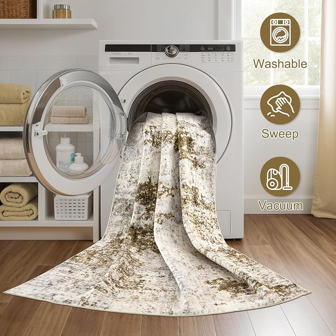 DMOYEST 8ft Round Area Rug for Living Room Washable Non Slip Circle Rug | 8x8 Neutral Modern Abstract Low Pile Rugs Kid & Pet Friendly Soft Carpet for Bedroom Dining Room - Light Brown