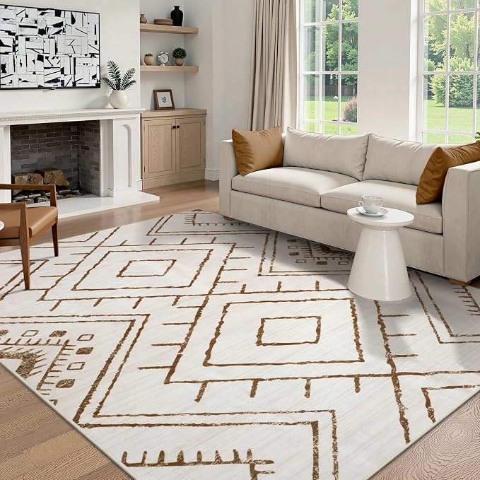 LIVEBOX Moroccan 8x10 Area Rug, Beige Washable Rugs for Living Room Bedroom, Non Slip Western Tribal Rug Low Pile Geometric Large Area Rugs Diamond Carpet for Dining Room, Nursery Room, Playroom Boho