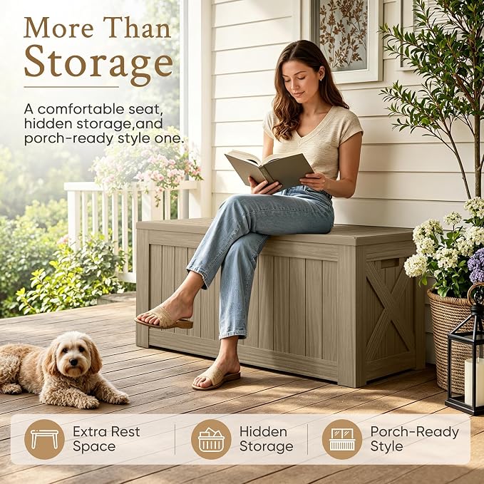 Devoko 120 Gallon Deck Box Resin Outdoor Storage Box Waterproof for Patio, Large Outdoor Storage Bench Lockable for Outside (Brown)