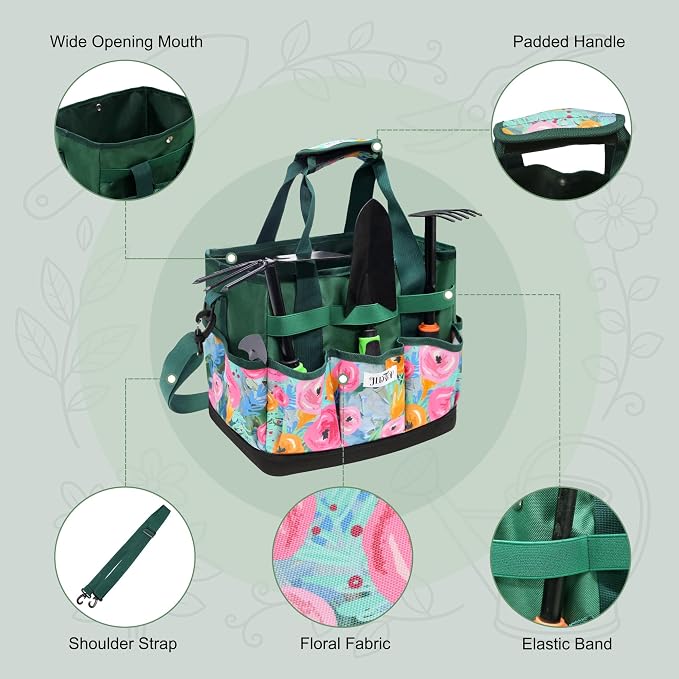 JLDTOP Garden Tool Bag with Hard Bottom, Multi-Pockets Gardening Tote with Shoulder Strap, for Women Outdoor Yard Plant Work Gift (Tools Not Included) (Green Floral)