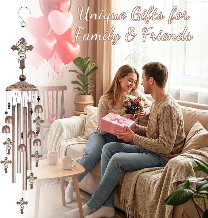 Memorial Wind Chimes for Outside, Cross Windchimes with Rose Design, Sympathy Gifts for Loss of Loved One Bereavement Garden Decor