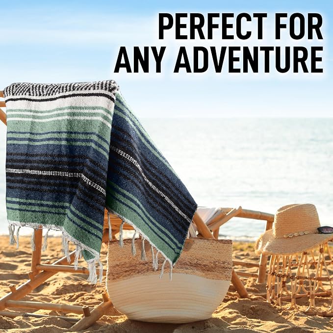Hydration Nation Authentic Large Handwoven Mexican Blanket - Soft Yoga- Durable Serape- Lightweight Falsa, Beach, Camping, Picnic, Outdoor Blanket 70"x50" - Arctic