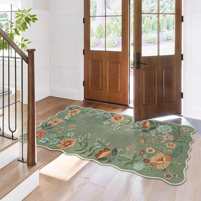 Lahome Floral Rugs for Entryway, 2x4 Washable Kitchen Rugs Ultra-Thin Soft Rug, Non Slip Indoor Door Mat Stain Resistant Boho Small Throw Carpet for Bathroom Bedroom Flore (2x4ft,Green)