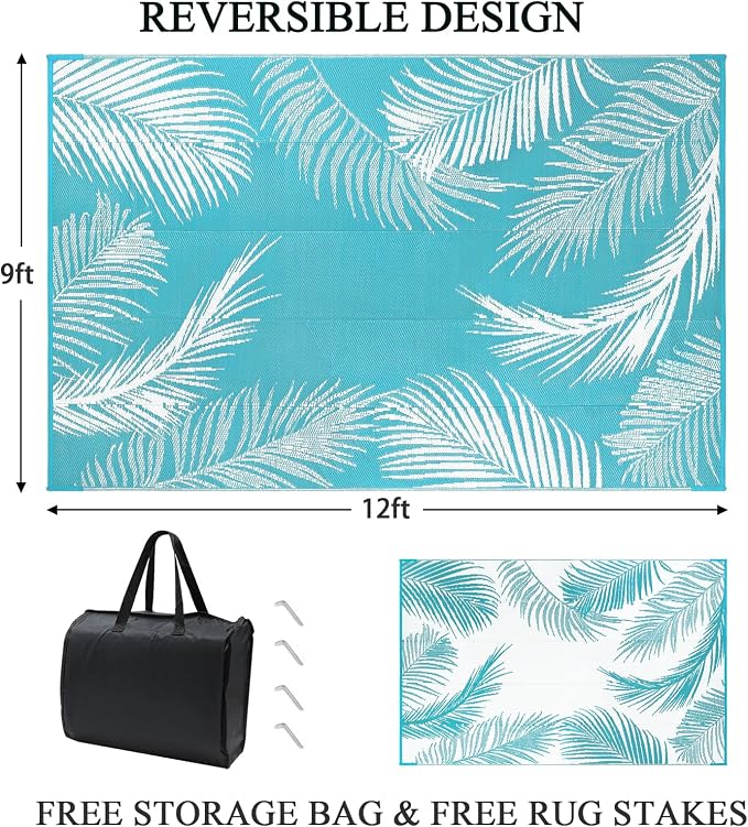 Pauwer Waterproof Outdoor Rug 9x12, Reversible Plastic Straw Patio Camping Rug, Indoor Outdoor RV Mat Carpet for Deck, Camper, Porch, Balcony, Backyard, Picnic, Leaf Teal