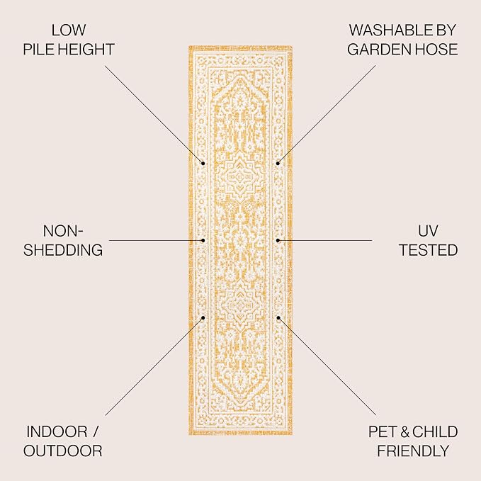JONATHAN Y Medallion Weave Indoor Outdoor Runner Rug 2X10 Yellow/Cream, Sinjuri Textured for Backyard, Patio, Porch, Easy-Cleaning, High Traffic, Pet-Friendly, Non-Shedding (SMB101I-210)