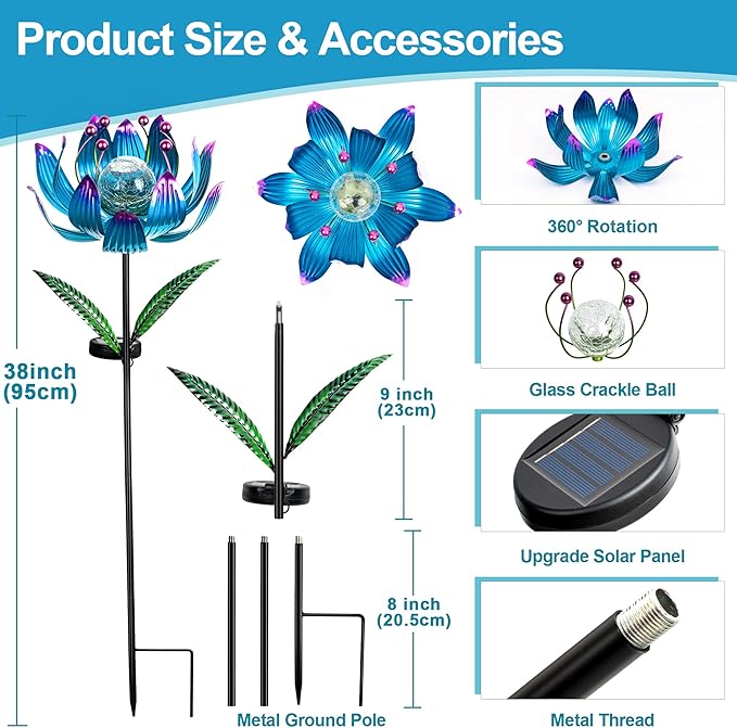 38 Inch Solar Wind Spinner Outdoor, Kinetic Lotus Yard Art with Glass Light | Glowing Crackle Glass Light And 360° Spinning Lotus Petals Create Vibrant Garden Decor For Patios, Lawns And Pathways
