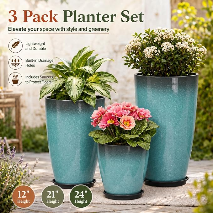 Neoaider Set of 3 Tall Planter, 24/21/12in Large Plastic Planter, Sky Blue | Ceramic-Look, Lightweight, Built-in Drain Hole, Saucers, Tall Outdoor Planter for Porch, Garden, Patio, Balcony