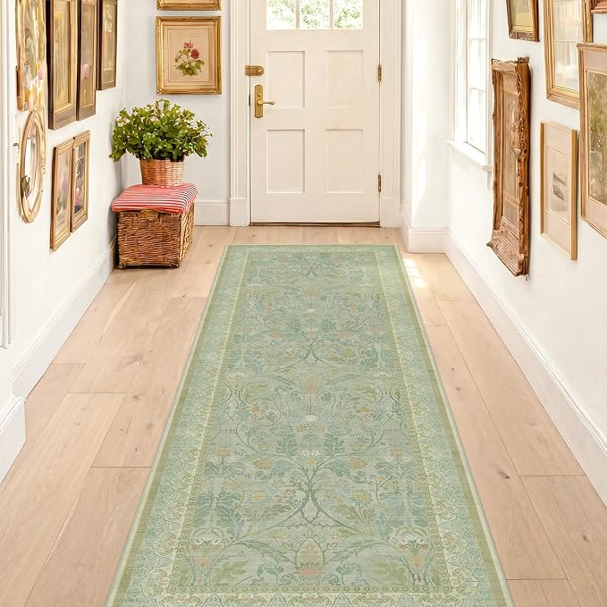 Long Hallway Runner Rug 2'6"x8', Washable Kitchen Rugs Non Slip, Woodland Floral Soft Front Door Mat Indoor Entrance (Sage Green)