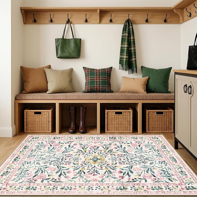 PLHXFR Area Rug Living Room: 3x5 Floral Washable Boho Carpet Pink Green | For Bedroom Dining Room Farmhouse Nursery Hallway,Vintage Floral,Machine washable,Non Slip,Stain Resistant,Large Indoor