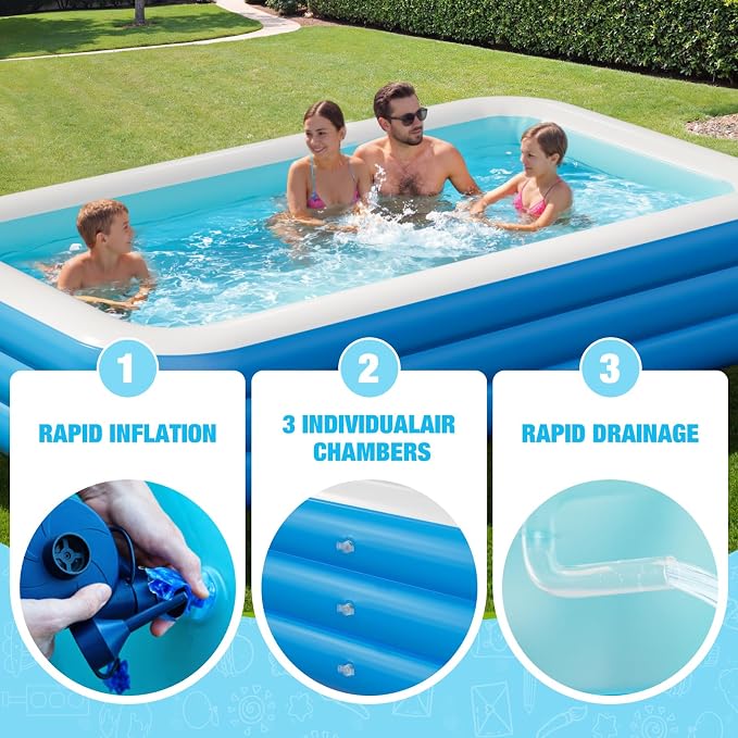 Inflatable Pool for Adults, 103'' x 65'' x 22'' Large Inflatable Pool for Adults, Blow up Pools, Rectangular Family Swimming Poo l, Oversized Thickened Family Inflatable Pools for Outdoor