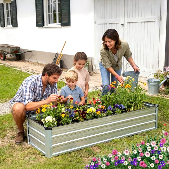 DUMOS Galvanized Raised Garden Bed Outdoor, 6x3x1ft 2 Pack Metal Planter Box for Deep-Rooted Vegetables Flowers Herbs, Rectangular Planter Raised Bed for Patio Balcony Backyard, Open Bottom, Silver