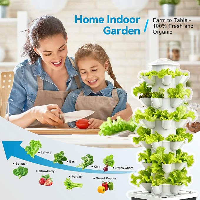 JESLED 6 Tiers Hydroponics Growing System Kits with LED Grow Lights,Tent | Dual Auto Timers Indoor Vertical Hydroponic Tower with Water Tank, Pump and Humidity Cover for Home Kitchen, Class, 30Pods