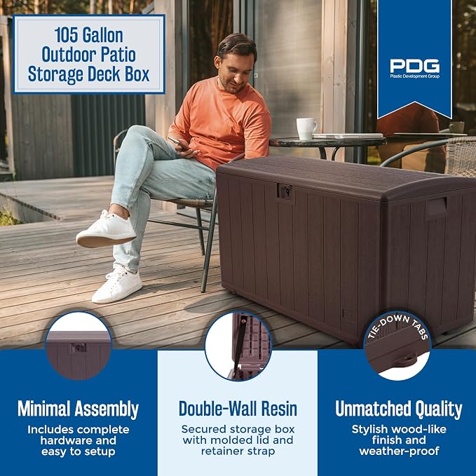Plastic Development Group Outdoor Storage Deck Box, Standard Closure, 105 Gallon, Java