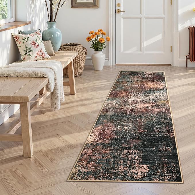 Toneed Washable 2x6 Non-Slip Abstract Runner Rug for Hallway Kitchen | Soft Modern Low Pile Area Rugs for Bedroom Laundry Living room,Indoor Carpet for Bedside Home Decor, Dark Earthy Tone