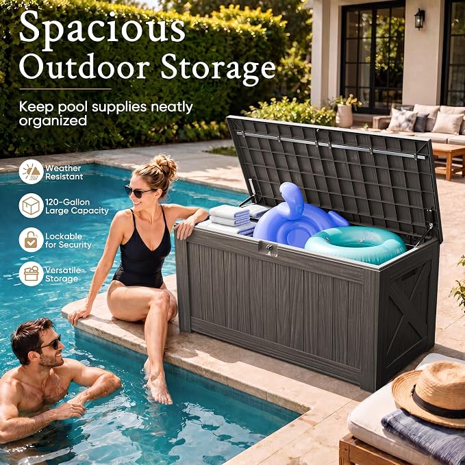 Devoko 120 Gallon Deck Box Resin Outdoor Storage Box Waterproof for Patio, Large Outdoor Storage Bench Lockable for Outside (Deep Brown)