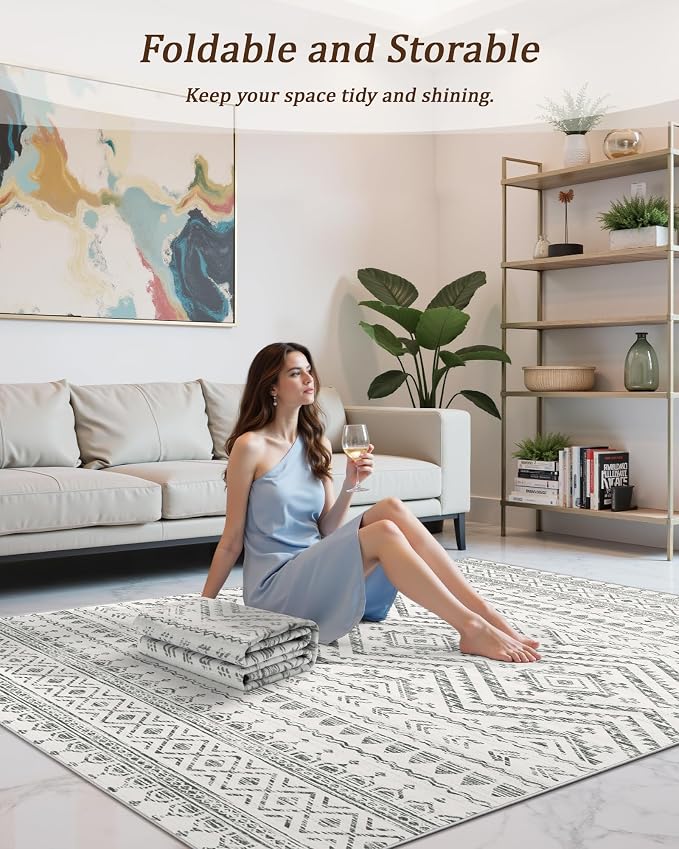 Miukiki 3x5 Washable Area Rug Moroccan Soft Non Slip Entryway Rug Grey | Machine Washable 3x5 Rug for Bedroom Kitchen Living Room, Low Pile Indoor Floor Carpet with Vintage Pattern