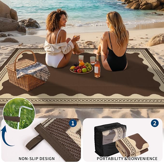 Garvee Outdoor Rug 9x12 Scalloped Waterproof Patio RV Outdoor Rugs Reversible Foldable Plastic Straw Rug Modern Camping Carpet for Deck Camper Porch Balcony Backyard Picnic Beach Brown