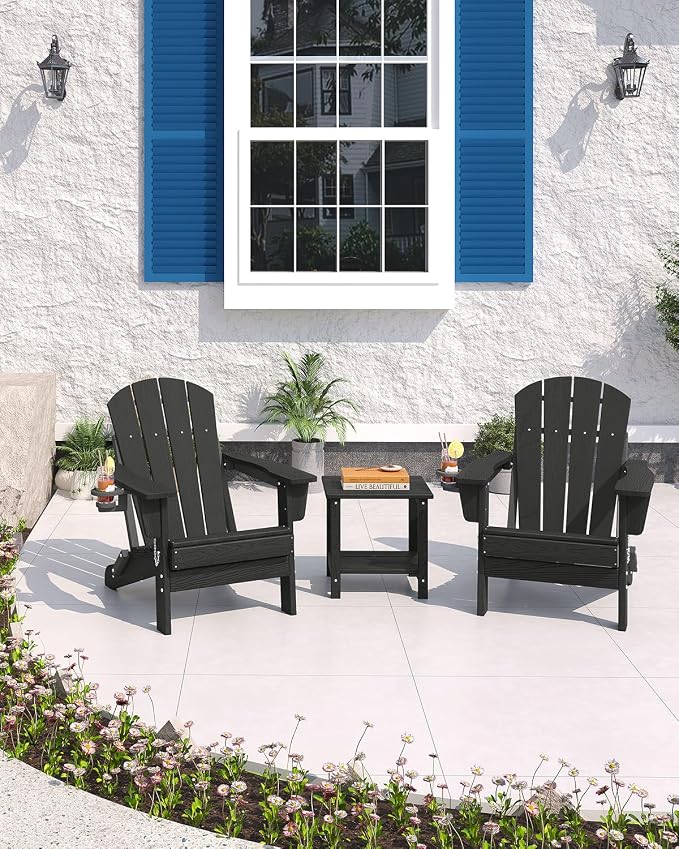 GarveeLife Folding Adirondack Chair Set of 2 with Side Table, All-Weather HDPE Outdoor Chair, Wooden Textured with Cup Holder for patios, Decks, Gardens, fire pits, Black