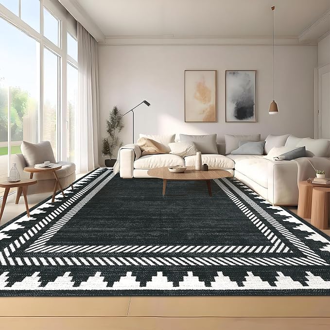 GarveeHome Washable Area Rug 8x10 Modern Neutral Living Room Rug Black Non Slip,Border Geometric Carpet for Bedroom,Soft Non Shedding Solid Rugs Low Pile Carpet for Farmhouse Dining Room Office