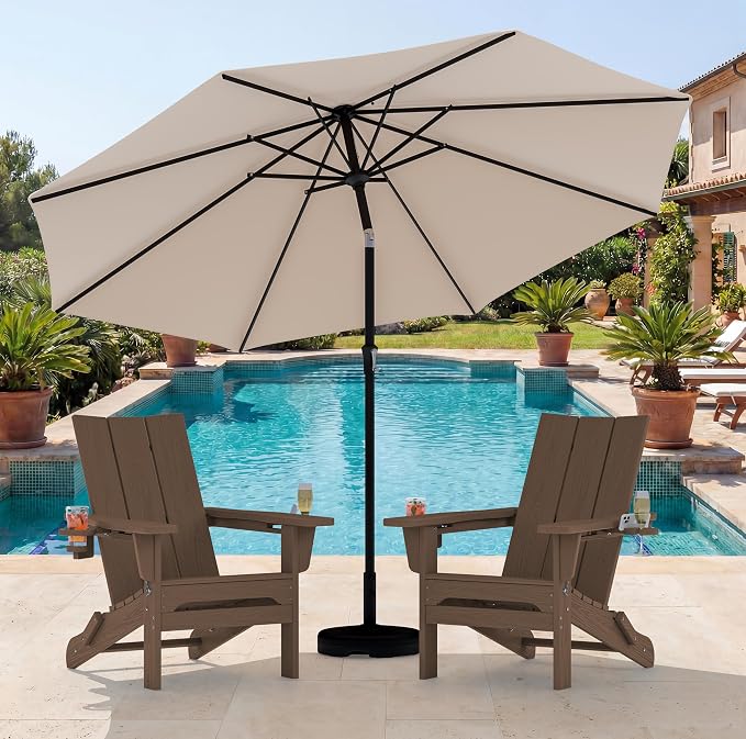 SERWALL Modern Folding Adirondack Chair Set with 9 Ft Umbrella, Folable Adirondack Chairs Set of 2 with Cup Holders, HDPE Fire Pit Chairs for Patio Lawn Garden, Brown (Umbrella Base is not Included)