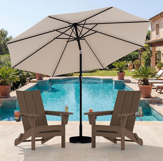 SERWALL Modern Folding Adirondack Chair Set with 9 Ft Umbrella, Folable Adirondack Chairs Set of 2 with Cup Holders, HDPE Fire Pit Chairs for Patio Lawn Garden, Brown (Umbrella Base is not Included)