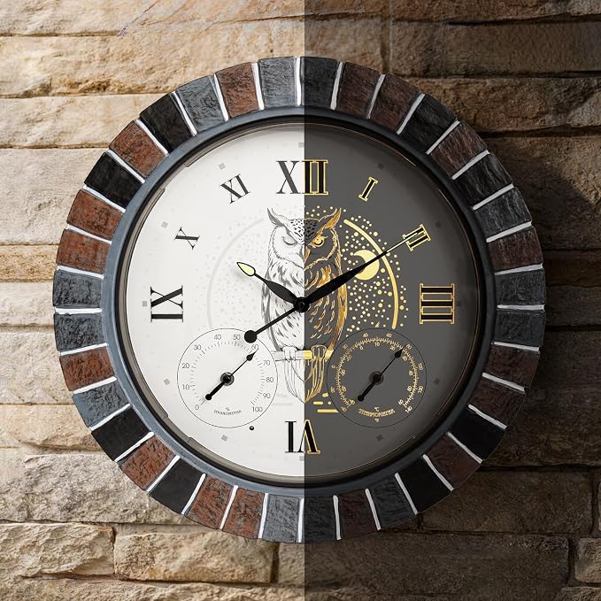 18 Inch Outdoor Clocks Waterproof with Thermometer Hygrometer, Illuminated Smart Night Light Large Patio Outdoor Wall Clock, Silent Battery Operated Outdoor Clock for Garden Pool Porch