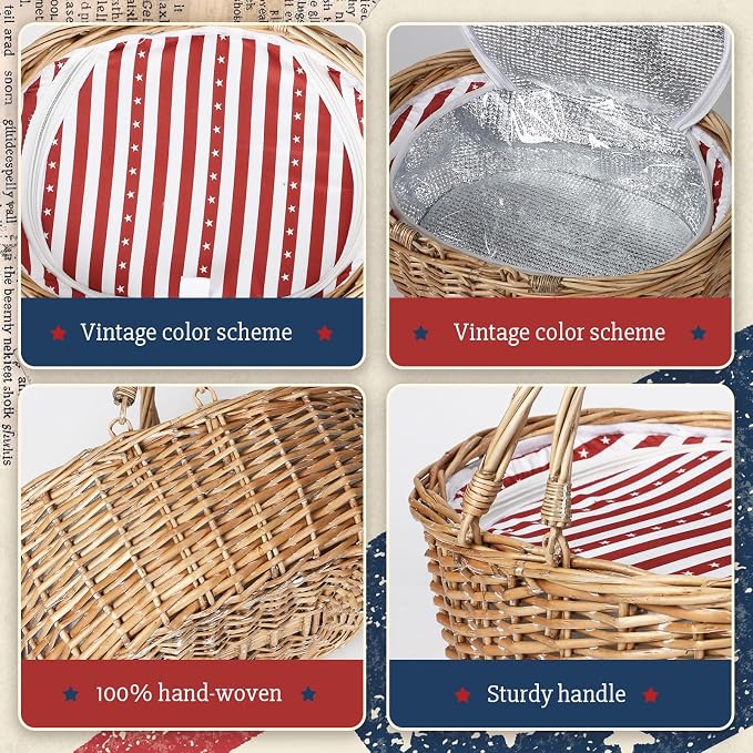 Wicker Picnic Basket with Insulated Lined Bag 15“ x 11” x 7“ Red, White Star Stripe Pattern, Iced Beer Insulated Bag for Camping, Picnics, Birthday Gifts, Wedding Gifts
