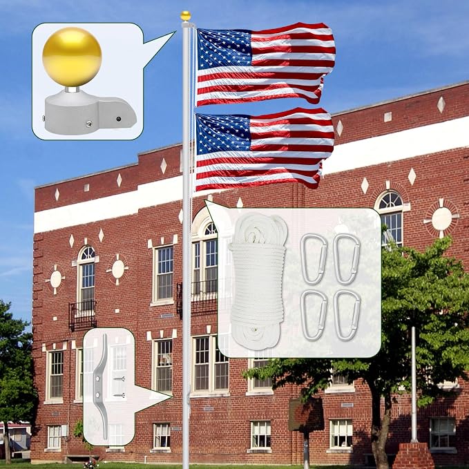 Flag Pole Pulley and Rope kit for 2.3" to 3" Diameter Flag Poles, 50FT Rope, 4" Flag Pole Topper, Cast Aluminum Flag Pole Truck, Metal Snap Clips and Cleat (Gold)