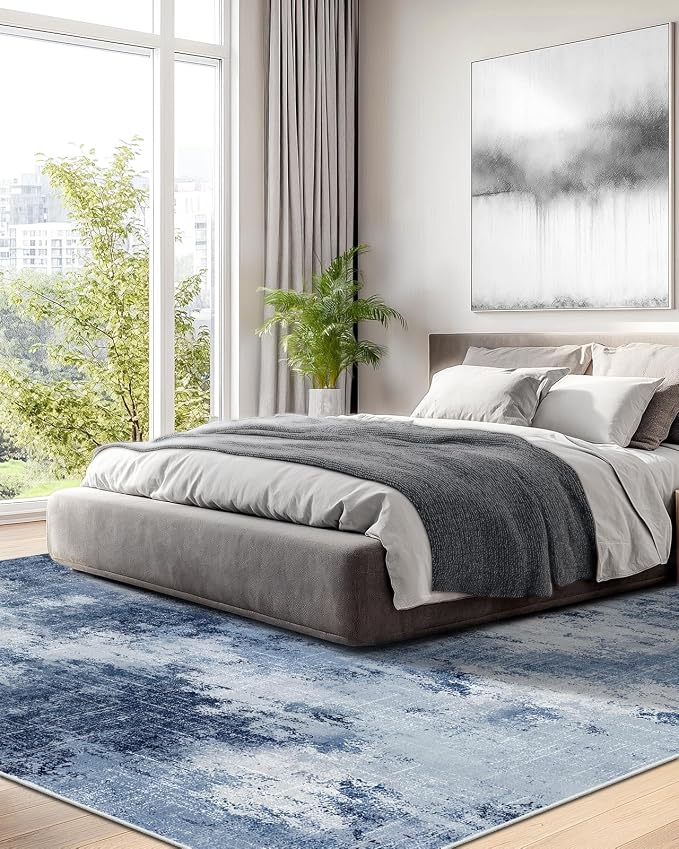 AMADA HOMEFURNISHING 8x10 Area Rugs for Living Room, Modern Washable Rug with Non-Slip Backing & Low Pile, Large Rug with Abstract Print Pattern for Bedroom, Dinning Room,Home Office, Dark Blue