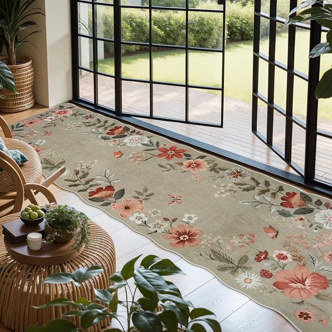 Lahome Floral Runners for Hallways, 2'6''x8' Kitchen Runner Rug Non Slip | Soft Washable Runner with Rubber Backing Carpet for Laundry Bedroom Bathroom Flore (Brown)