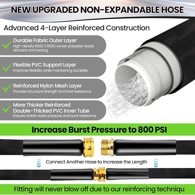 100FT Non-Expandable Garden Hose Lightweight Flexible Water Hose With Sprayer Nozzle High Pressure Kink Resistant & Leakproof Durable Portable For Yard Garden Lawn
