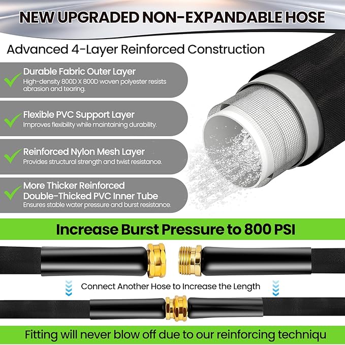 50FT Non-Expandable Garden Hose Lightweight Flexible Water Hose With Sprayer Nozzle High Pressure Kink Resistant & Leakproof Durable Portable For Yard Garden Lawn