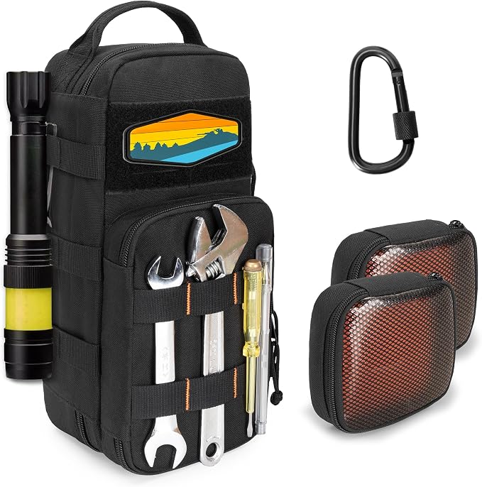 Rexmica Heavy Duty Small Tool Bag Storage with 2 Zipper Pouches, Multi-functional Tactical Molle Tool Organizer Case with Locking Carabiner for Camping, Road Trip, Electricians, EDC, Multimeter Case