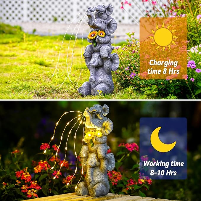 Pohabery Solar Garden Decor Elephant Statue Outdoor, Luck Triple Elephant Decorations for Yard Porch Lawn Patio - Ideal Gifts for Women Mom Grandma Senior Elder or Birthdays 12"