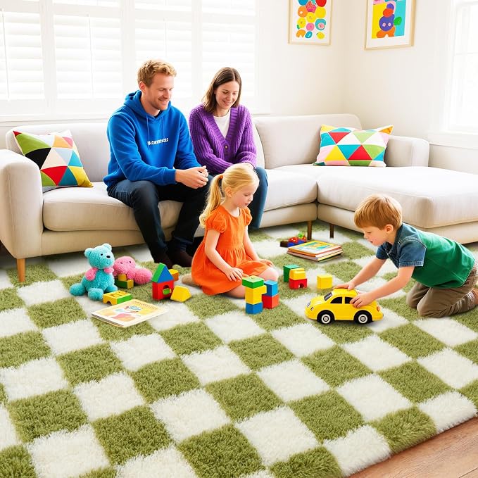 Checkered Rugs for Bedroom, 4x6 Ultra Fluffy Fuzzy Shag Area Rug for Living Room, Modern Plush Soft Upgrade Non-Slip Carpet for Kids Girls and Boys Room Dorm Nursery Home Decor, Cream and Green